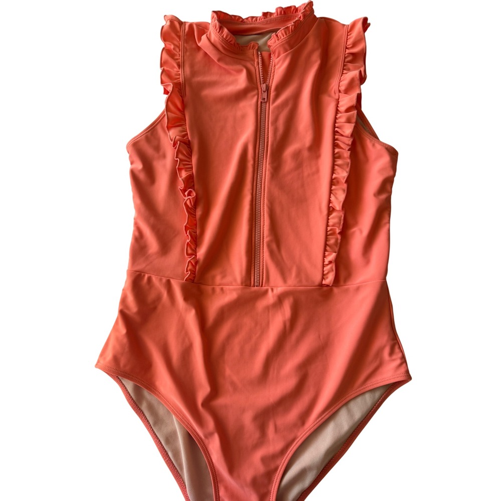 Mott50 Mila One Piece Swimsuit Coral Orange Ruffle Zip Front UPF 50+ Women L